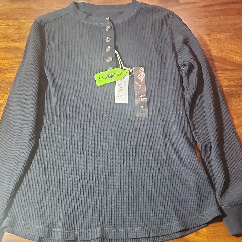 NWT Natural Reflections Black Waffle Button  Henley Sz Medium